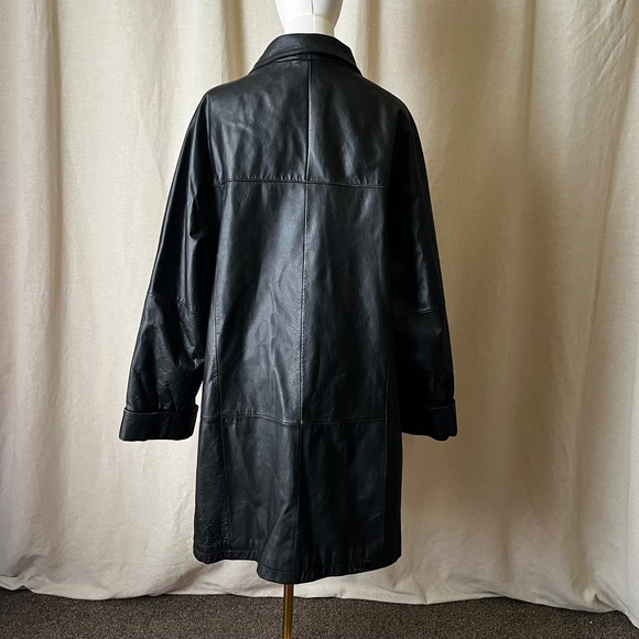 Vintage Silhouettes Black Leather Coat 1X Quilted Lining Button Front - Picture 5 of 10